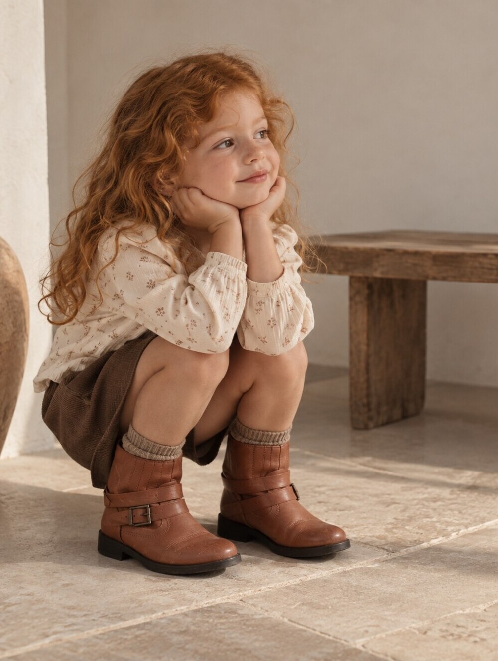 Zara Girls Leather Moto Boots EU 27 US 10 Tan Brown Buckle Biker